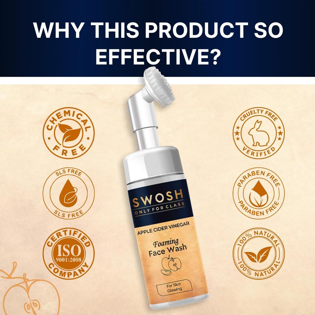 Cleansing Gel with Apple Cider Vinegar (100 Ml), Apple Cider Vinegar Foaming Face Wash, Swosh