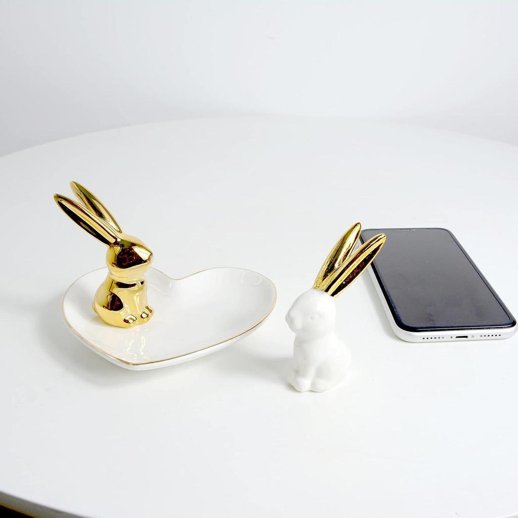 Home Decor Rabbit Statues,1 Pair, Small Decorative Accents for Shelves, Livingroom and Bedroom, Gold and White (2pcs Cute Rabbit)