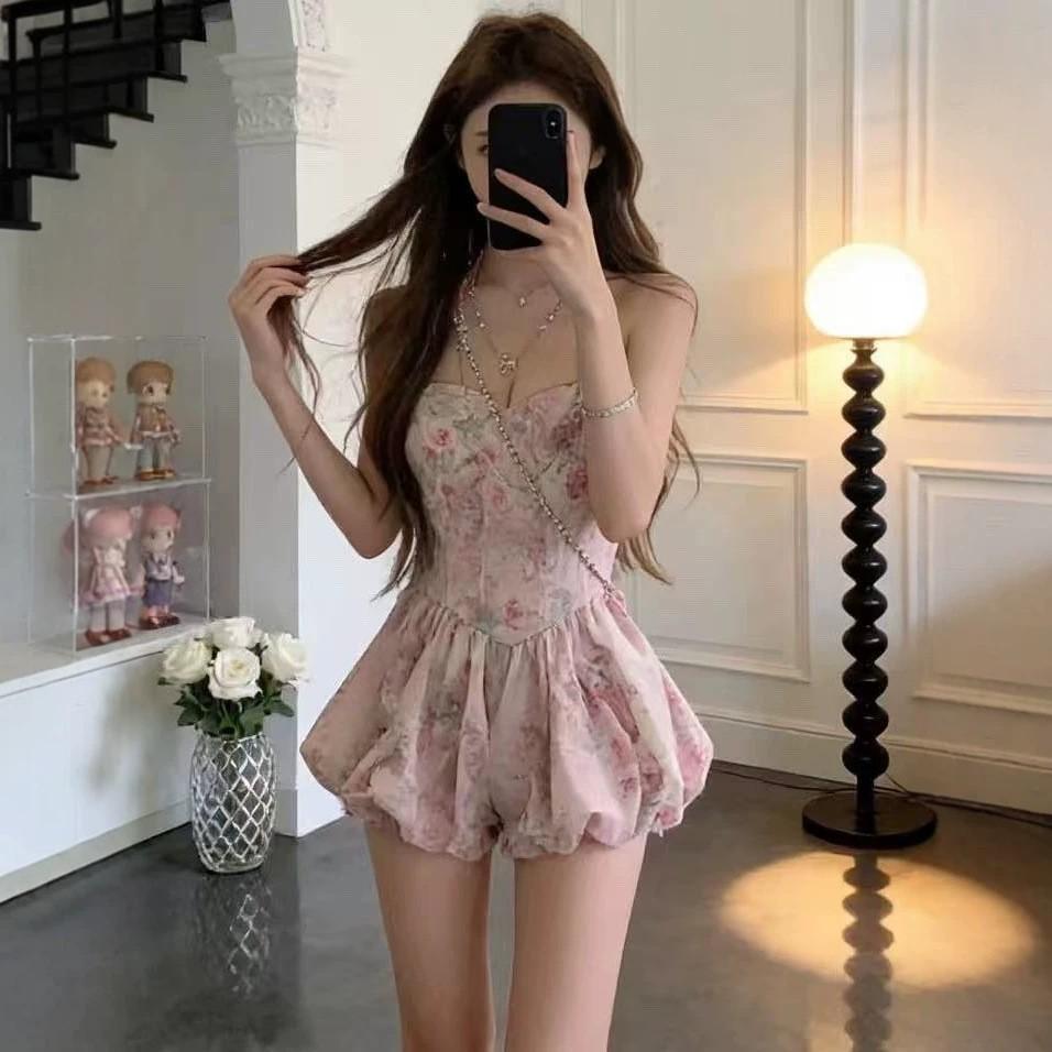 French Pure Desire Pink Tube Top Floral Dress Women's Summer New Sweet Temperament High-end Dress Shorts