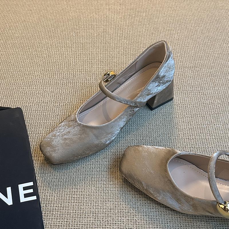 Women's Mary Jane Shoes Summer New Vintage Elegant High Heels Comfortable One Word Buckle Strap Square Toe Casual Shoes