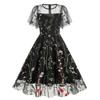 Women's Crew Neck Short Sleeve Midi Dress A Line Mid Waist Mesh Floral Embroidery Swing Dress Vintage Evening Party Dress