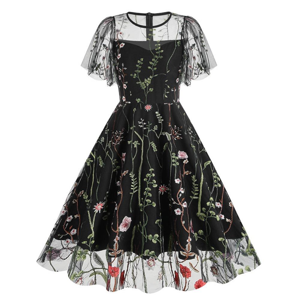Women's Crew Neck Short Sleeve Midi Dress A Line Mid Waist Mesh Floral Embroidery Swing Dress Vintage Evening Party Dress