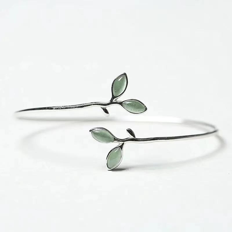 Minimalist copper Color Green Leaf Open Bracelet Twigs Branch Shaped Chic Bracelet Women's Elegant Daily Wear Zircon