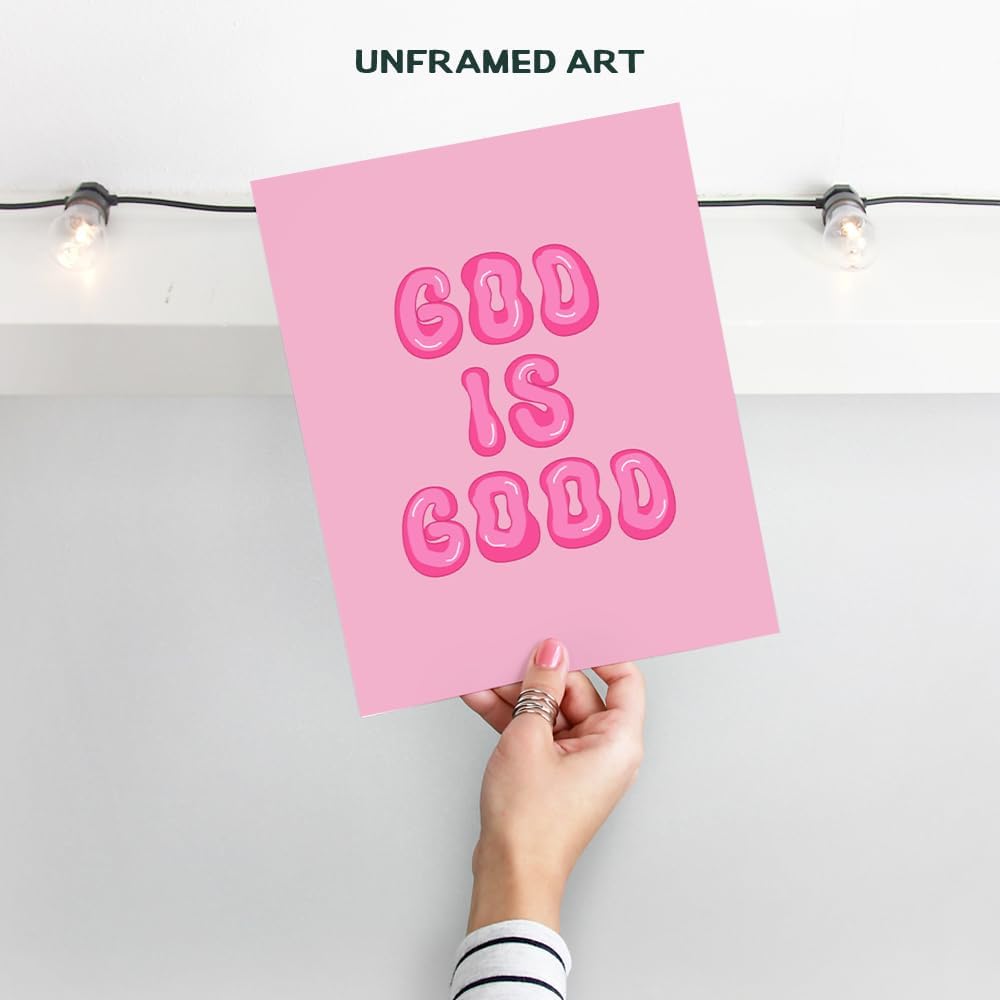 Pink Preppy Christian Wall Decor - God is Good Aesthetic Wall Decor for Women, Woman, Teen Girls - Vintage Retro Religious Gifts - Funky Chic Home