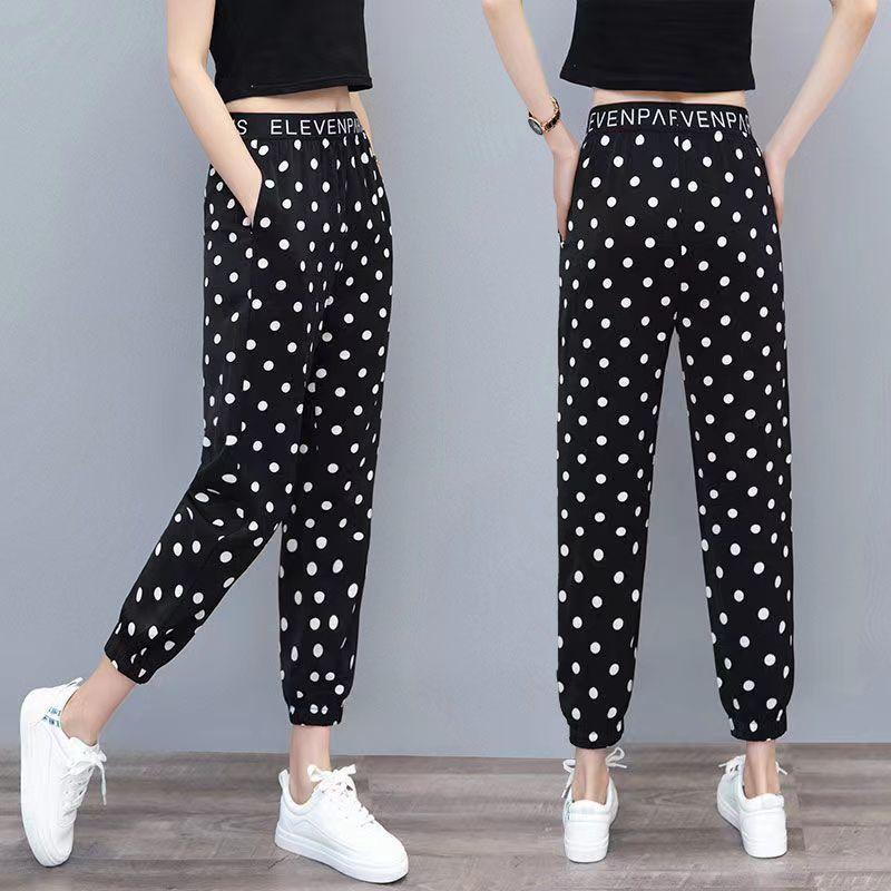 Jambiere de damă cu buline, pantaloni Harlan din șifon de vară, subțiri, cu talie înaltă, cu litere, talie elastică, pantaloni casual sport pentru slăbire