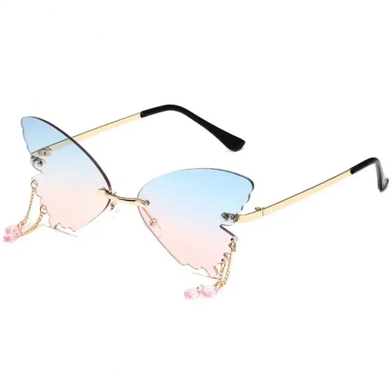 Butterfly Shape Sunglasses Women Uv400 Creative Pendant Metal Rimless Shades Outdoor Travel Party Decorative Sunglasses