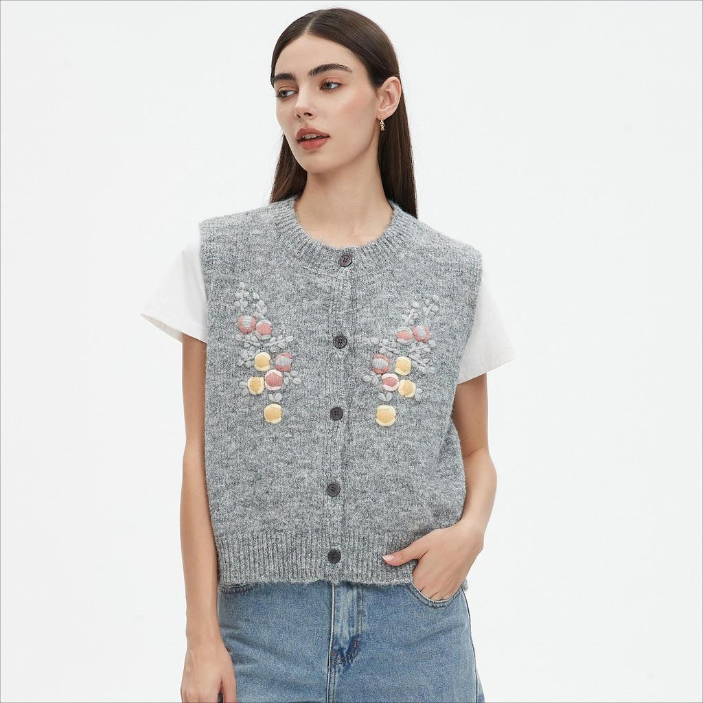 DIMANAF 2025 Short Vest Sweaters Autumn Women Flowers Print O-Neck Sweaters Knitting White Sweater