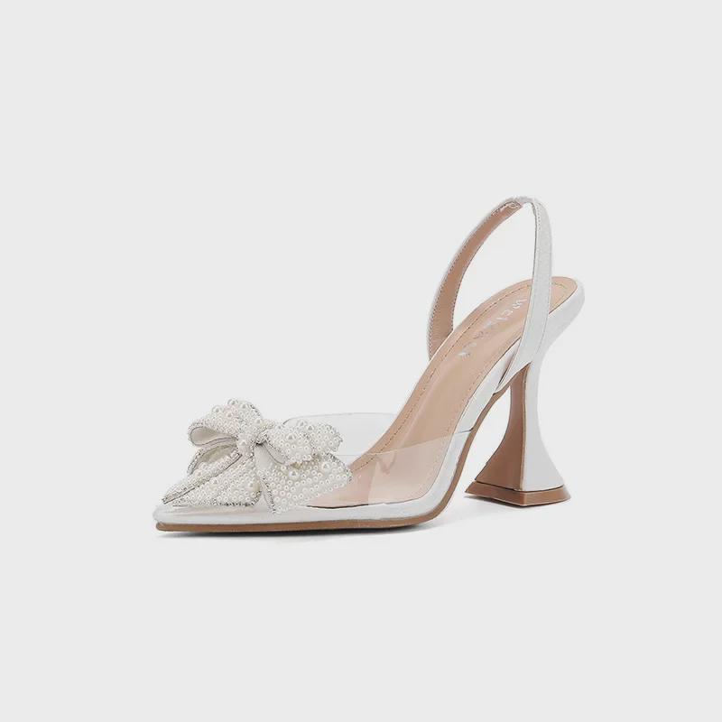 2024 Summer Women's Pearl Bow Transparent High Heel Sandals