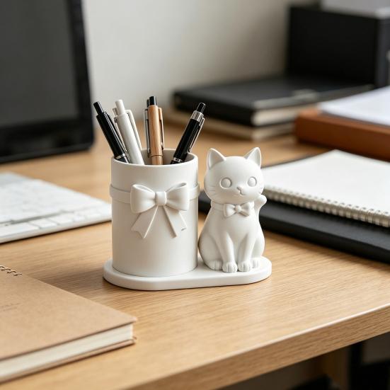 huaqianguhh Cat Pen Holder, Cute Kitty Desk Organizer with Pens, Pencils, Makeup Brushes, 3D Printed Sculpture for Home Office Decor