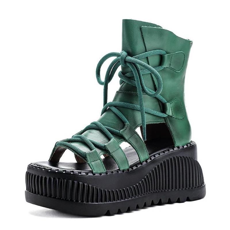 Fashion 8CM Ethnic Cow Genuine Leather Ankle Booties Women Hollow Peep Toe Platform Wedge Breathable Zip Summer Fashion Ladies Shoes