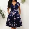 V-Neck Floral Print Midi Dress with Ruffled Waist In Multi-colors