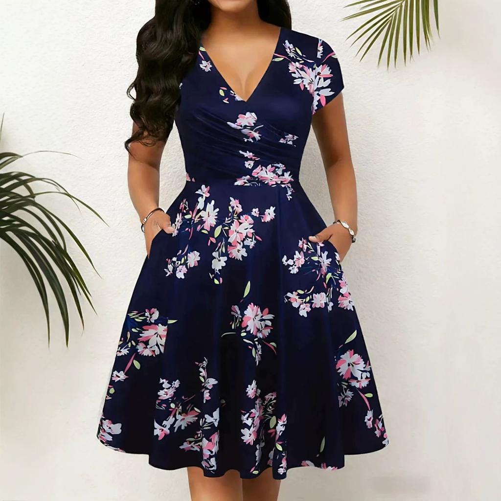 V-Neck Floral Print Midi Dress with Ruffled Waist In Multi-colors