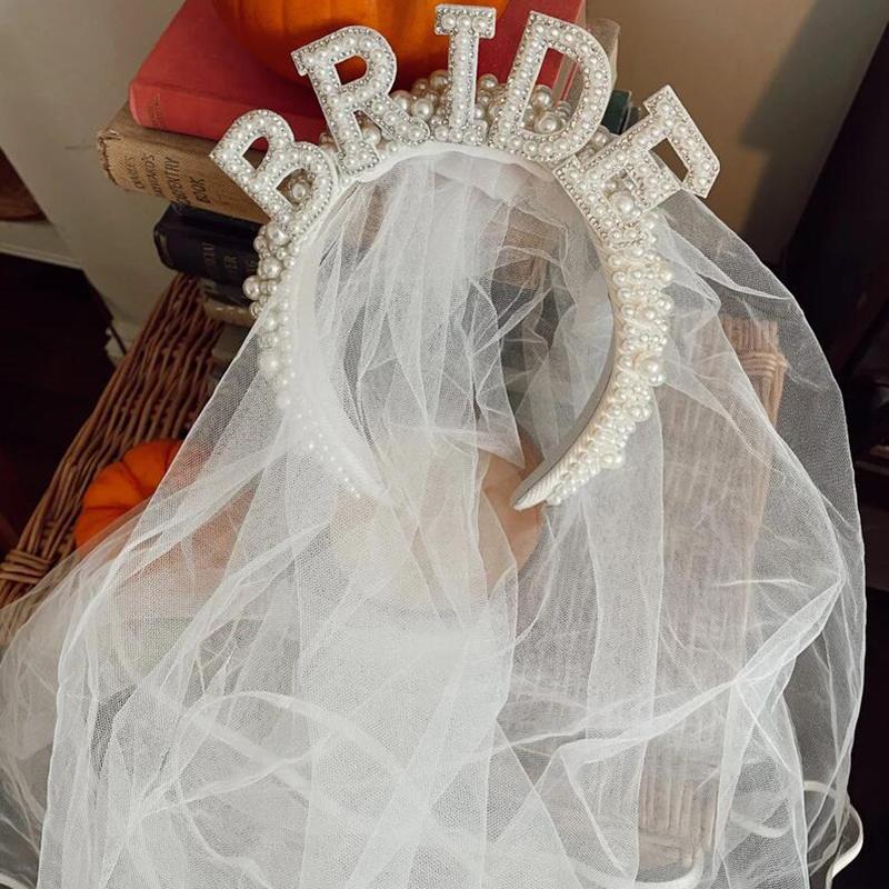 Fascia Bianca da Sposa Corona di Perle con Velo Sposa Futura Decorazione Matrimonio Regalo Bridal Shower Forniture Festa di Addio al Nubilato