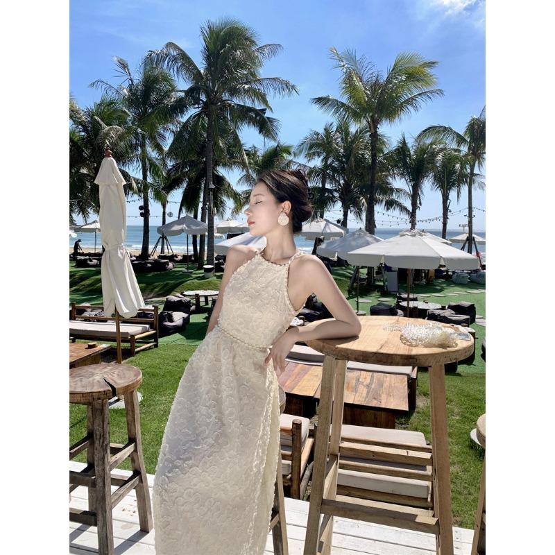 French Neck Sling Dress Women's Summer High-end Temperament Showing Thin Waist Long Dress Seaside Vacation Beach Dress