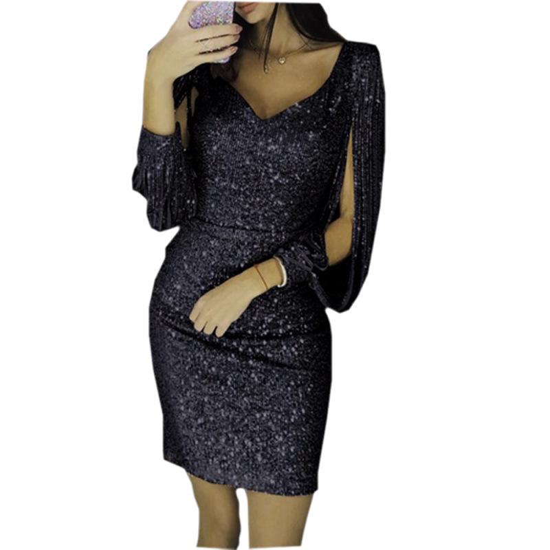 Ladies Elegant Sequins Sexy Vneck Mini Casual Cocktail Party Slim Stylish Dress