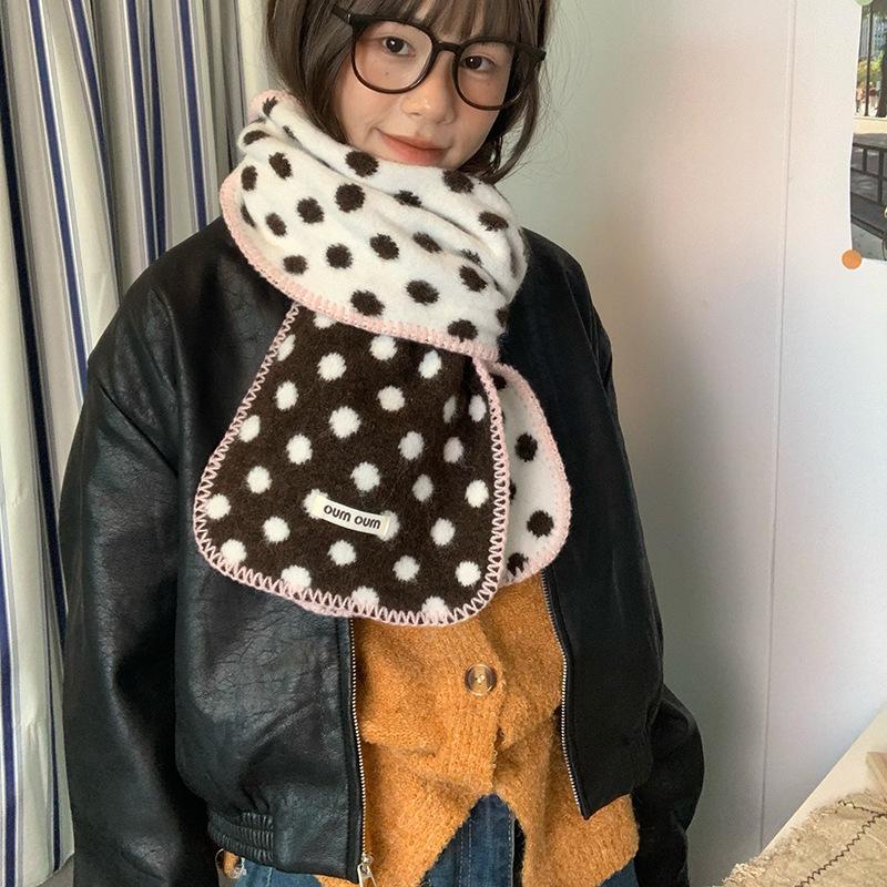 Korean Style Color-Block Polka Dot Double-Sided Scarf For Women Fashion Warm Thickened Furry Knitted Scarfves