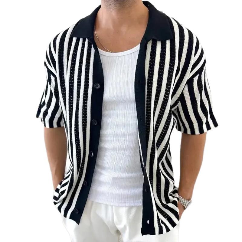 2026 Striped Color Block Knit Cardigan Short Sleeve Lapel Top Men Plus Size