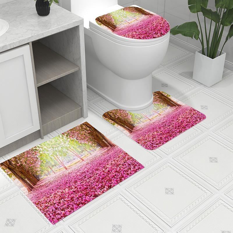 3pcs Bath Mat Set Bohemia Flower Anti-Slip Carpet Doormat Toilet Lid Toilet Seat CoverToilet Seat Mat Bath Rug Accessories