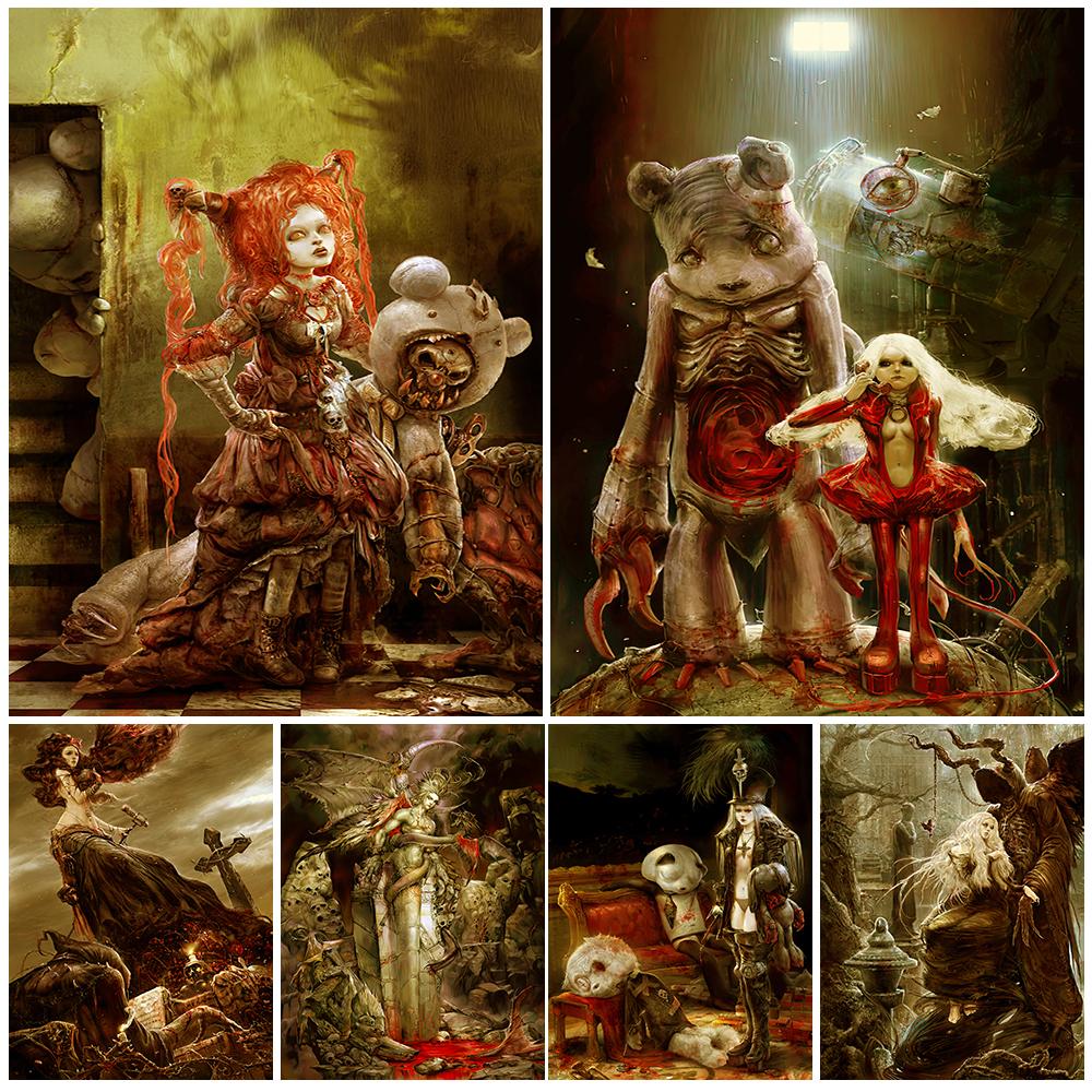 

Готический Темный Террор Девушка и Ужасный Дьявол Ретро Настенное Искусство Холст Картина Украшения Дома Ворона Волшебник Плакат