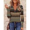 Women's Polo Shirt Striped Print Front Shoulder Long Sleeve Round Neck Loose Top