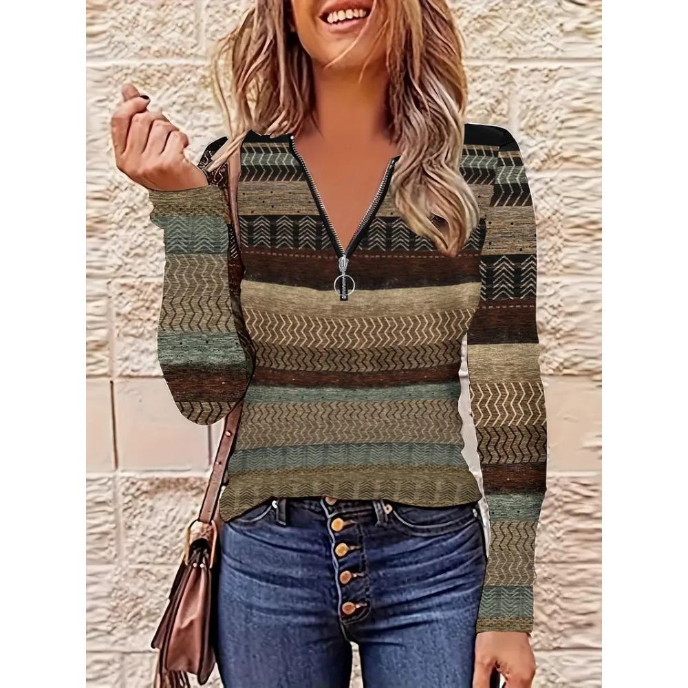 Women's Polo Shirt Striped Print Front Shoulder Long Sleeve Round Neck Loose Top