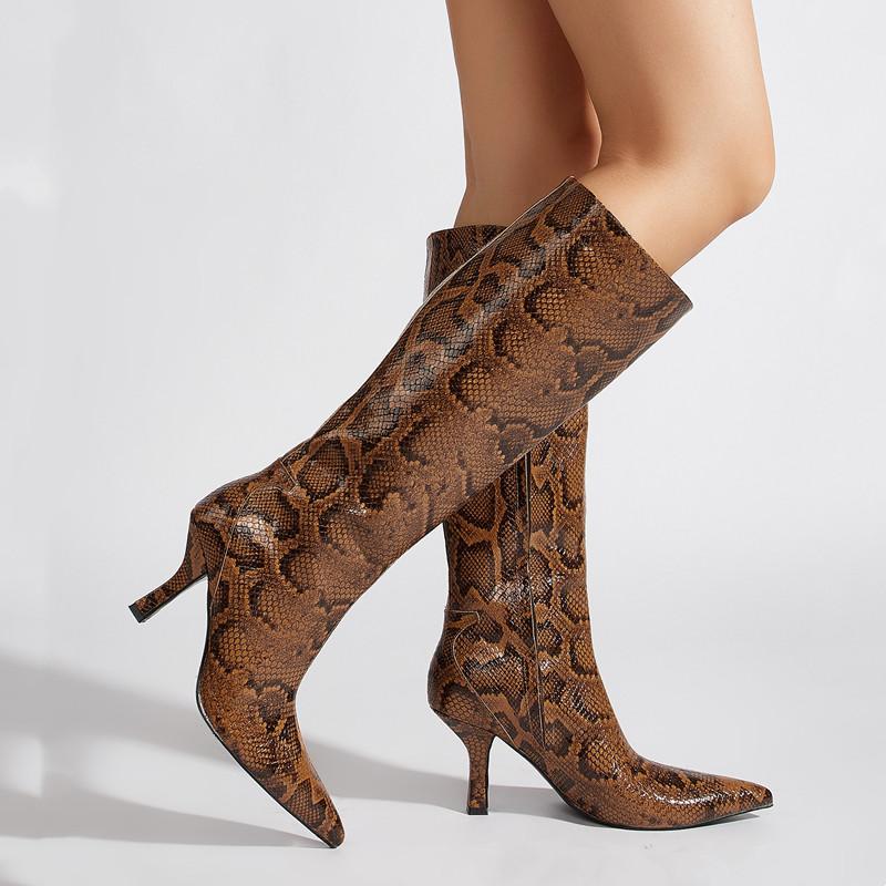 Fashion 2025 Autumn Winter Snake Pattern Patent Leather Women Knee-high Boots Elegant Pointed toe High heels Fashion Party Boots Shoes