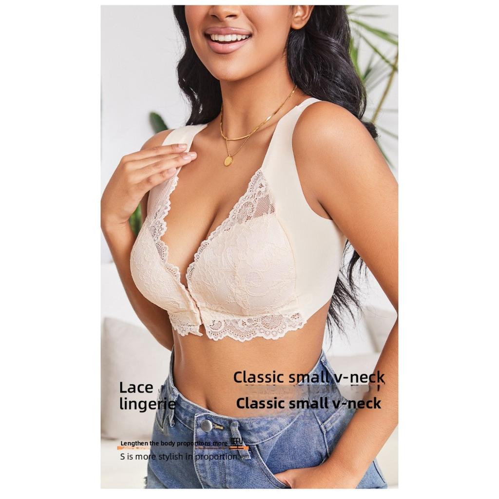 Large Front Buckle Gathers Bra, Fixed Cup Lifting, Top Brace, Lace Vest Style Bra