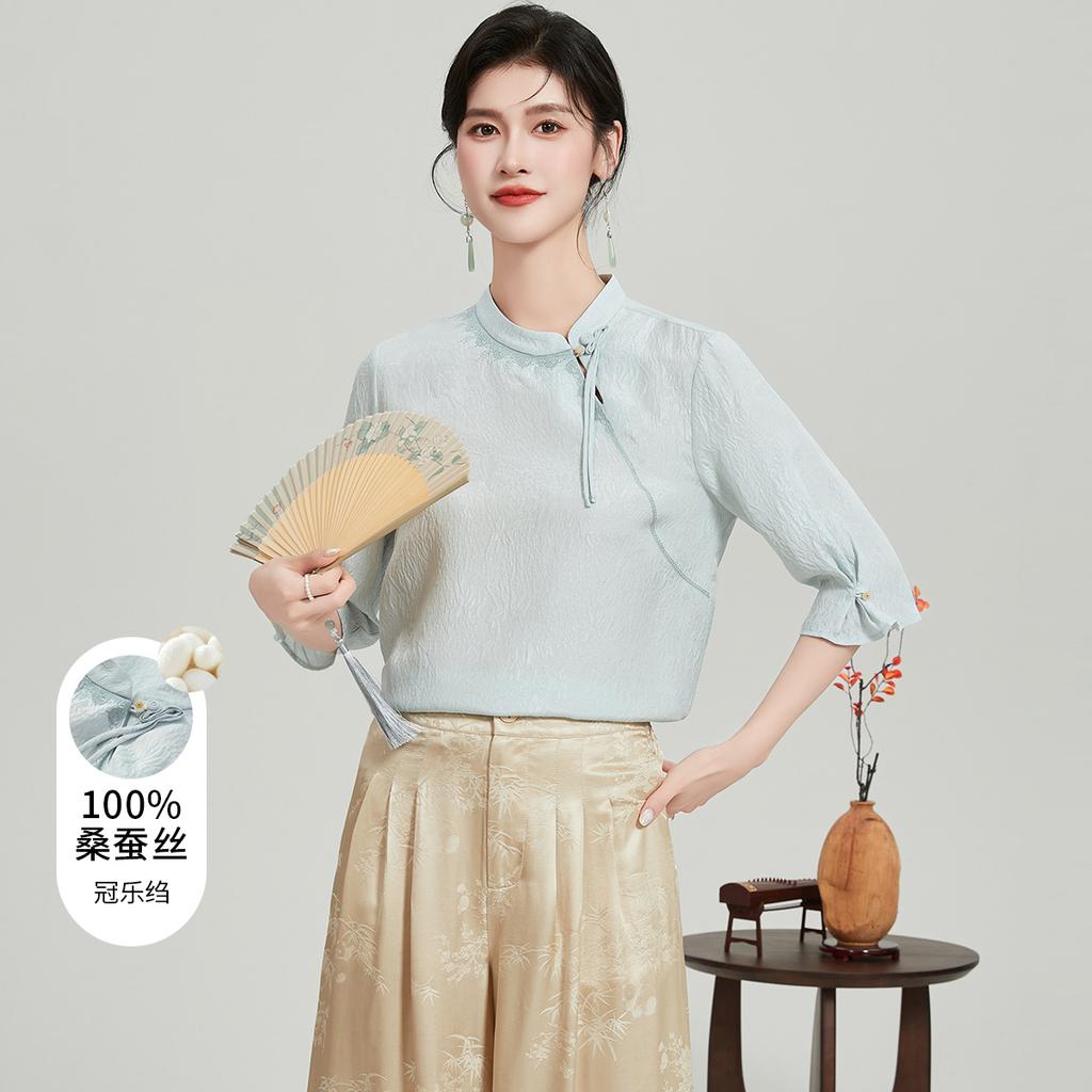 Ouruoxin Chinese Style Guanle Crepe Silk Top Women's 100 Mulberry Silk Short Sleeve Spring/Summer Solid Color Stand Breathable T-shirt