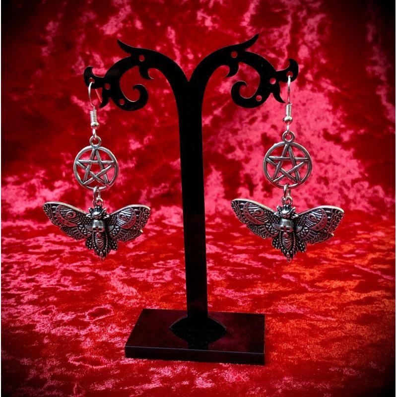 Silver Skull Moth Earrings: Gothic Pagan Jewelry for Halloween Fashion