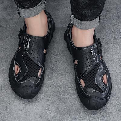 Sandals Men's Summer Leather Breathable Bag Head Mesh Outdoor Leisure Hole Shoes Trendy Roman Non-slip Beach Shoes Men's