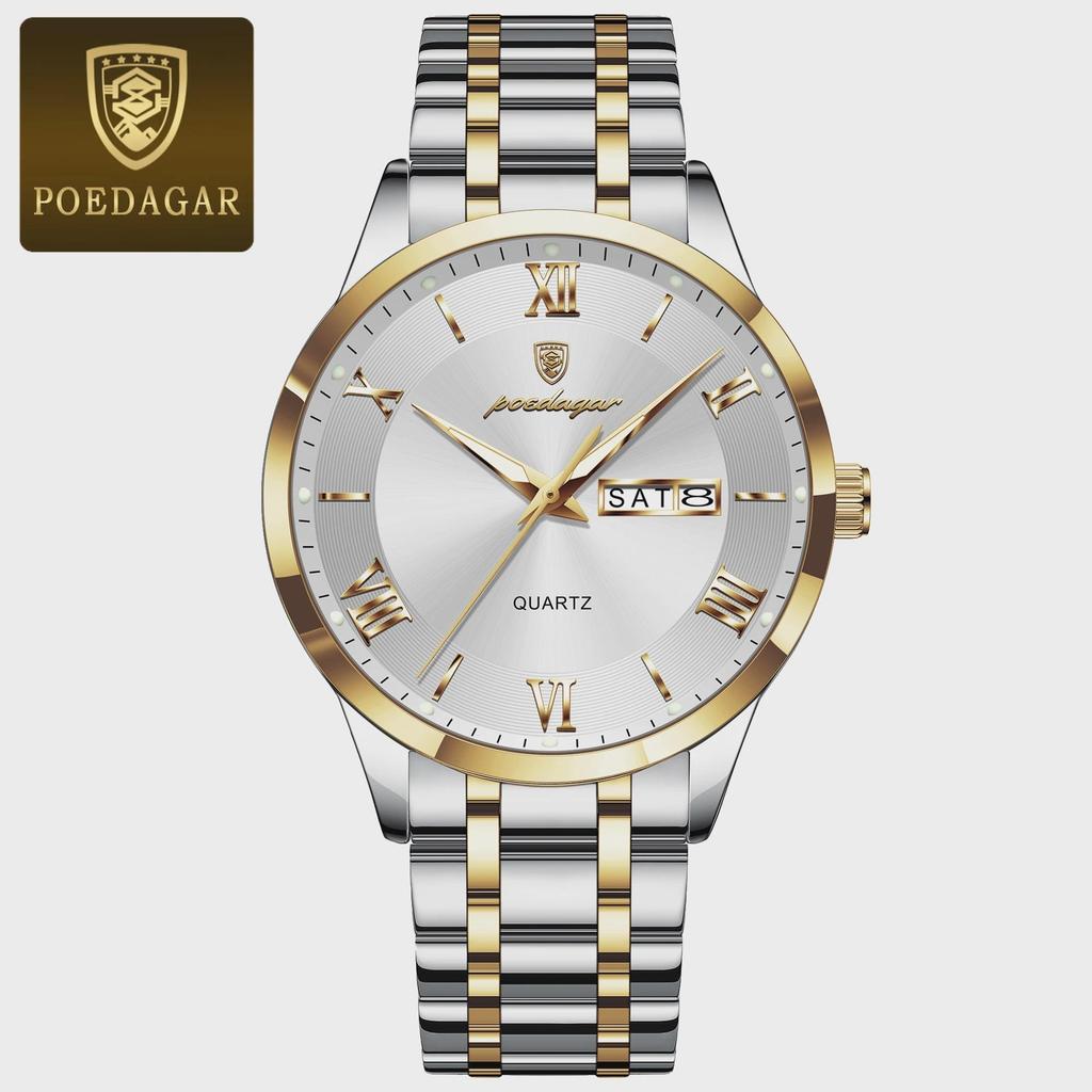 POEDAGAR Luxury Man Clock Waterproof Luminous Week Date Fashion Men's Wristwatch Stainless Steel Business Quartz Watches For Men