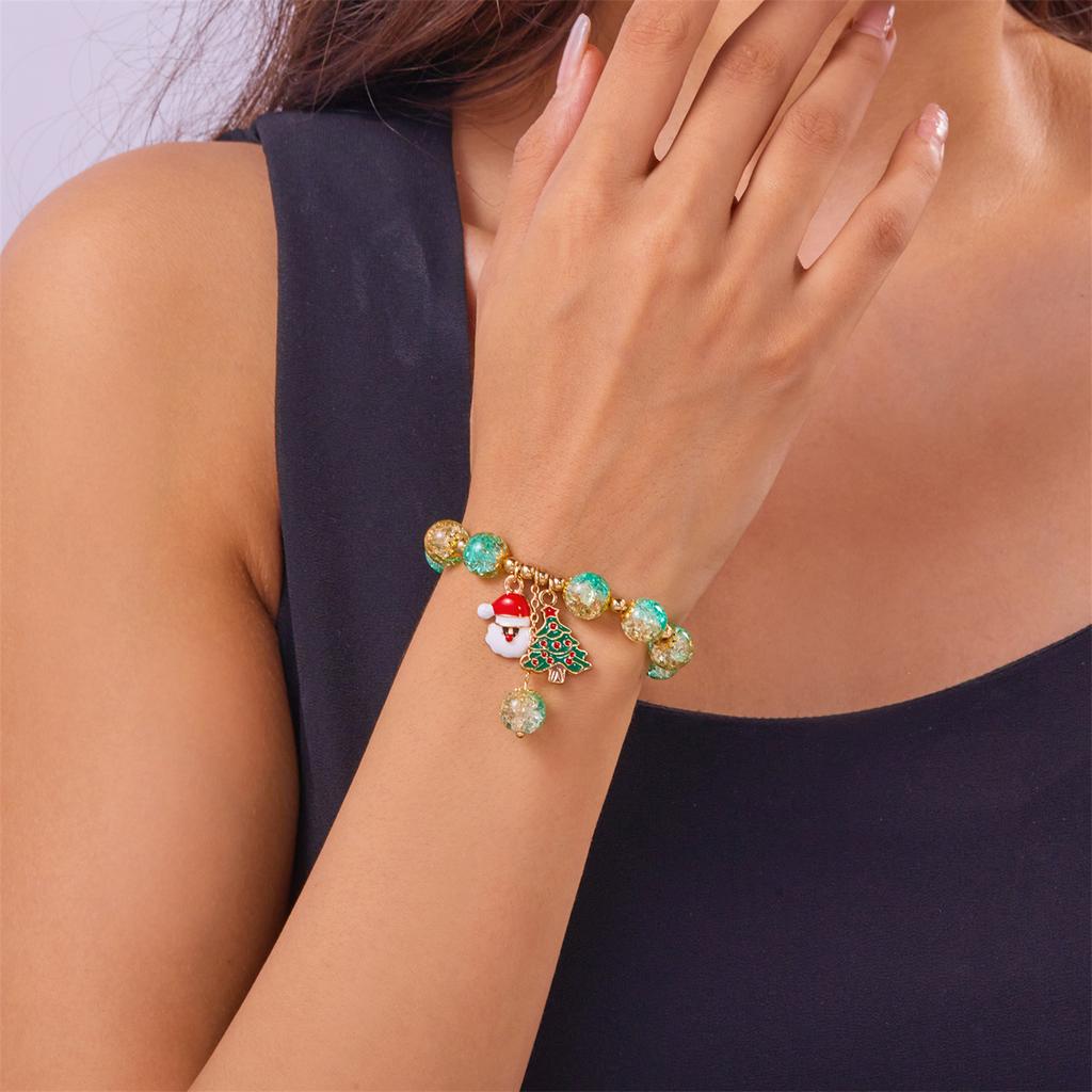 Christmas Crystal Beads Bracelet for Women, Handmade Xmas Snowflake Snowman Bell  , Sparkling Colorful Beads Stretch Bracelet