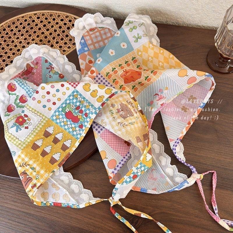 2026 Pastoral Style Lace Triangle Scarf Headband - Sweet Temperament Retro Plaid Ribbon Accessory.