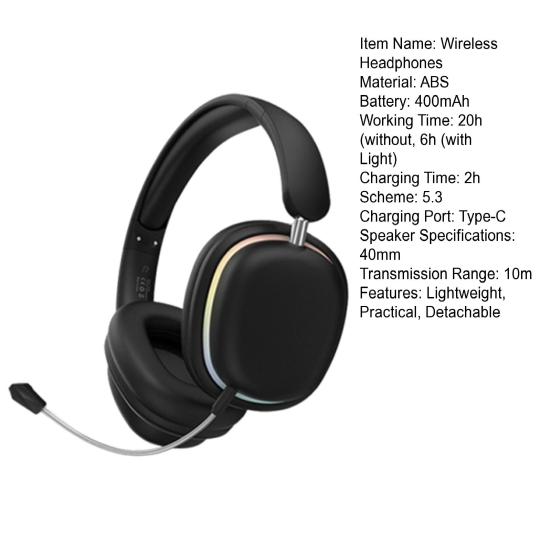 Wireless Headphones with RGB Lighting Lightweight Design Universal Foldable Bluetooth-compatible Gaming Earphones with Mic