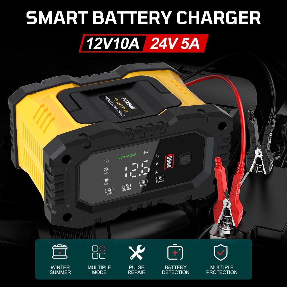 Digital Display Screen Quick Charge Car Motorcycle Battery Charger 7-stage For AGM GEL SLA Lead-Acid LiFePO4 Smart Battey Charger Handheld 12V-24V