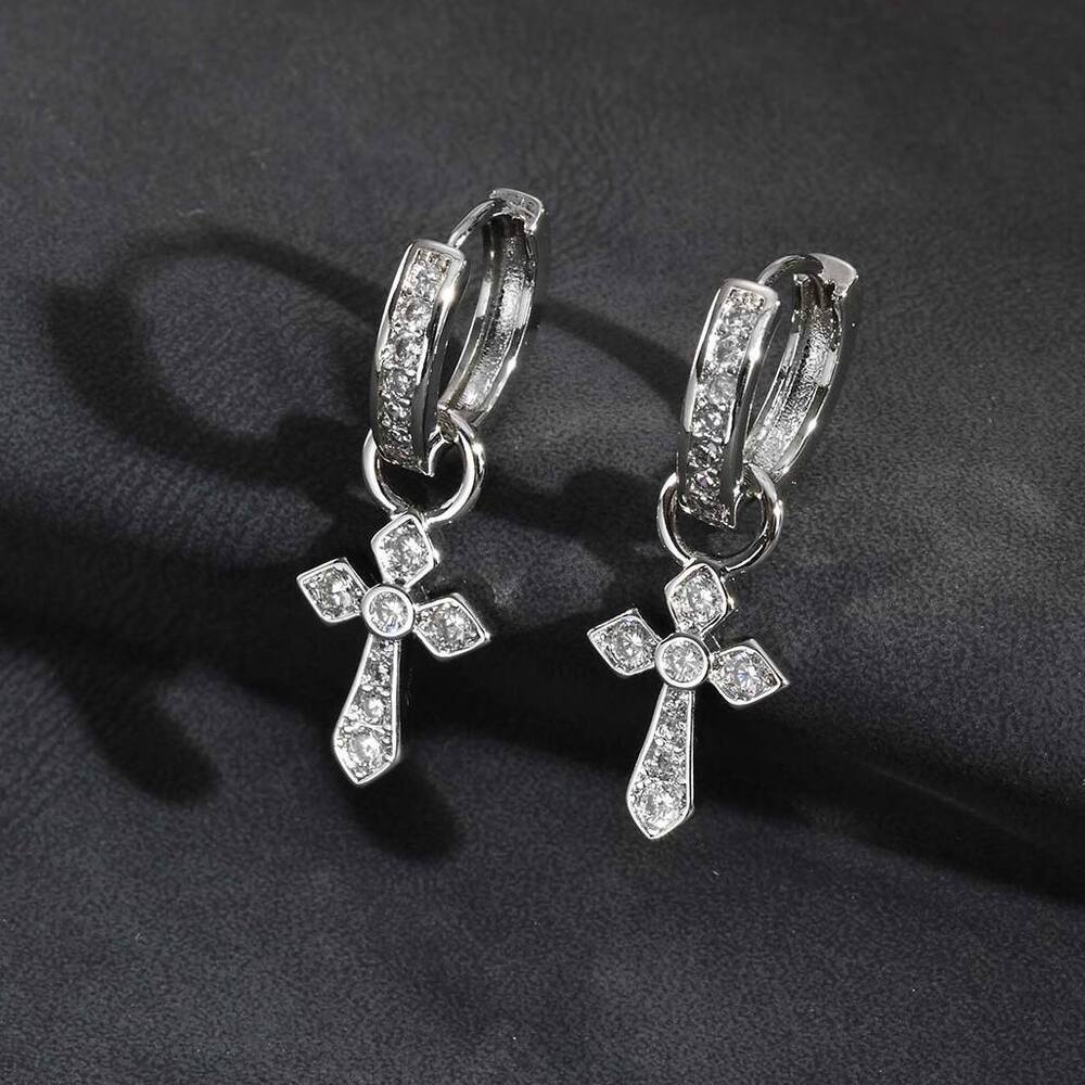 Vnox Cross Pendant Hoop Earrings for Men Boys, 27.6mm Silver Color Copper Zircon Punk Jewelry, Gothic Style Birthday Party Gifts