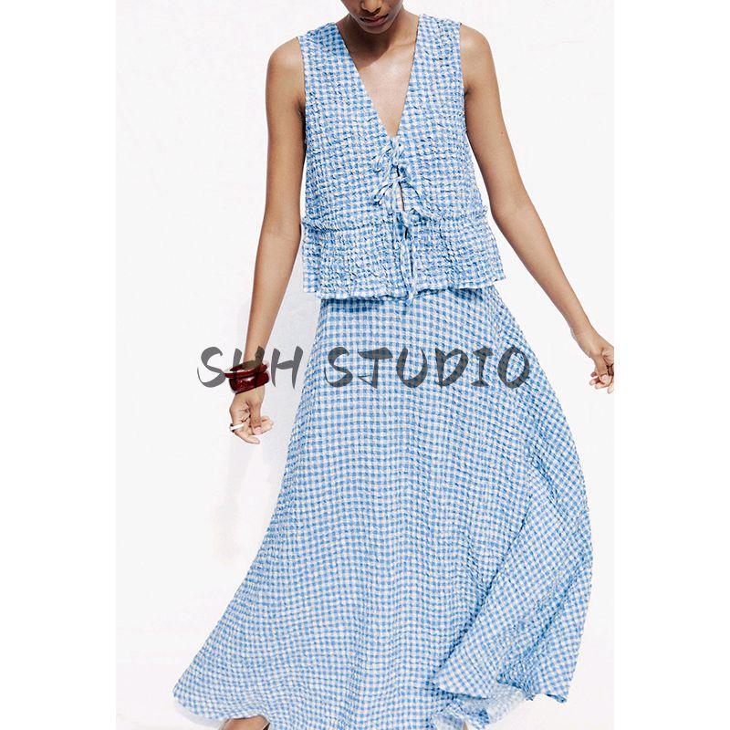 Bows Series Elegance Sleeveless V Neck Tops 8741094 Small Plaid Midi Skirt Cape Skirt 8741804
