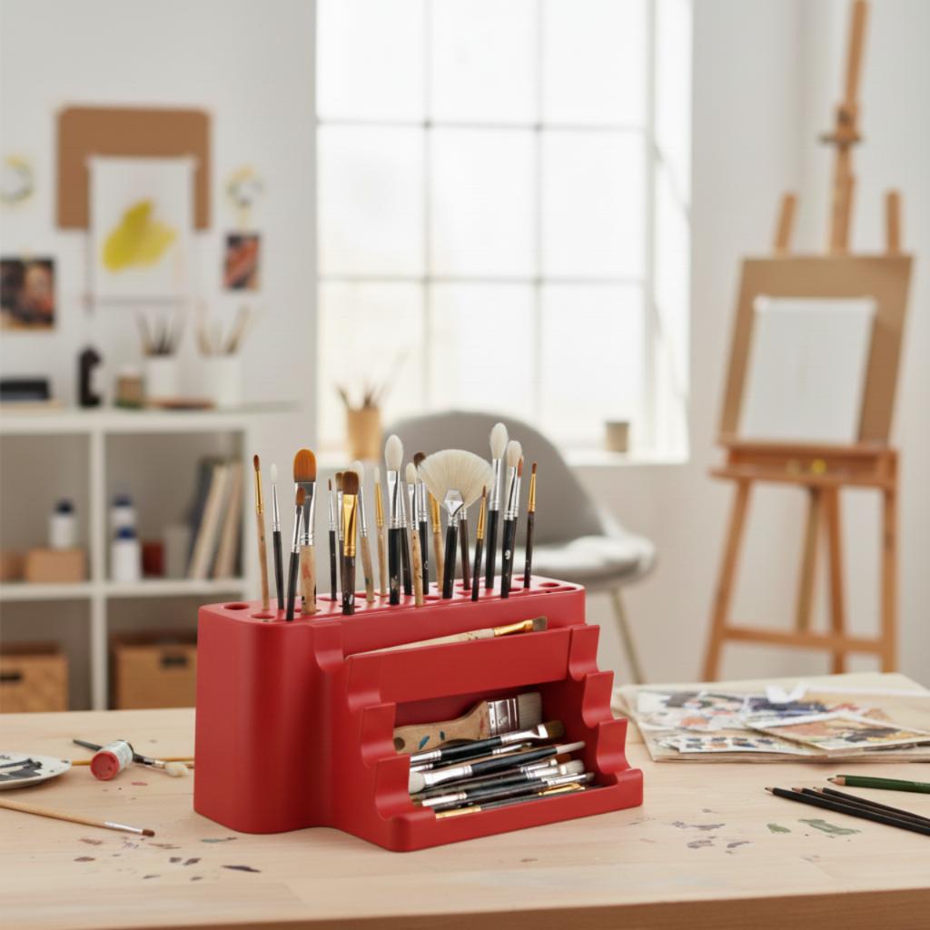 Paint brush organizer, red stand with tray, 26 places