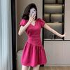 French Retro V-neck Bubble Sleeve Dress for Women's Summer New Pleated Waist and Thin A-shaped Short Skirt