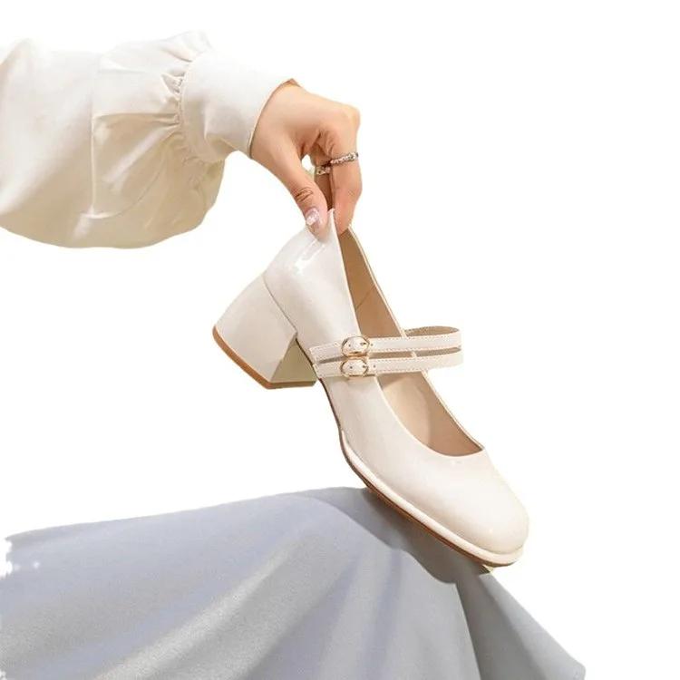 Fashion Patent leather rough single-heeled women's shallow-mouthed women's shoes 2024 summer new style with a word belt Mary Jane shoes