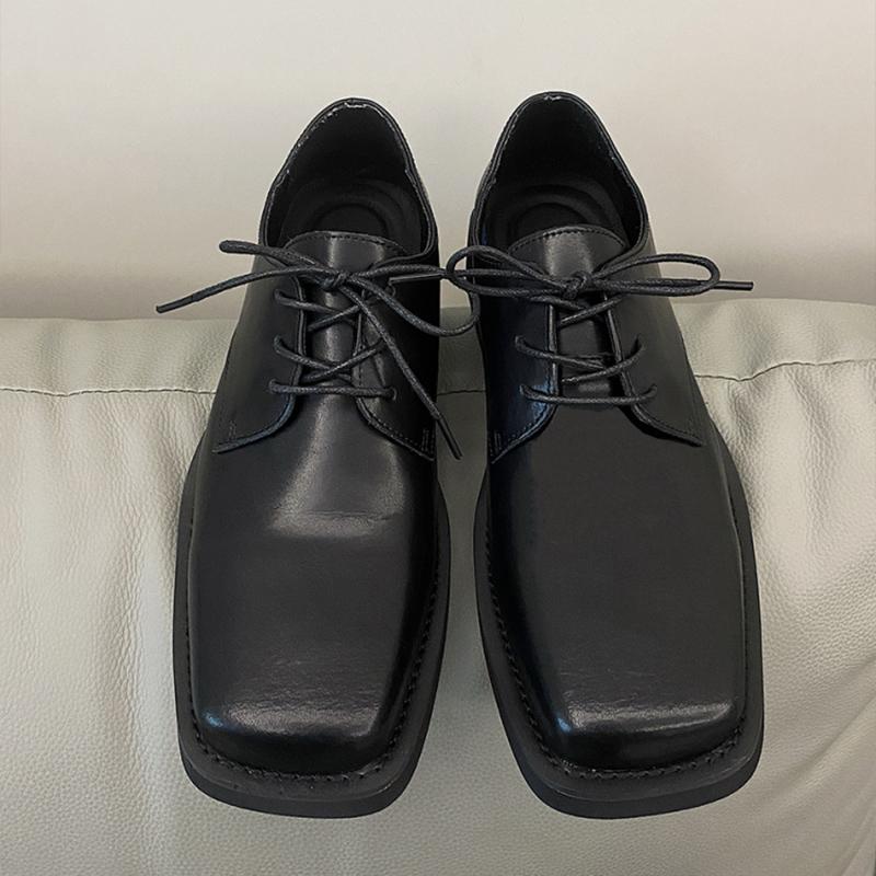 Lente en Herfst nieuwe leren veterschoenen heren ademende casual vierkante neus derby schoenen Britse zwarte niche nette schoenen 39 black