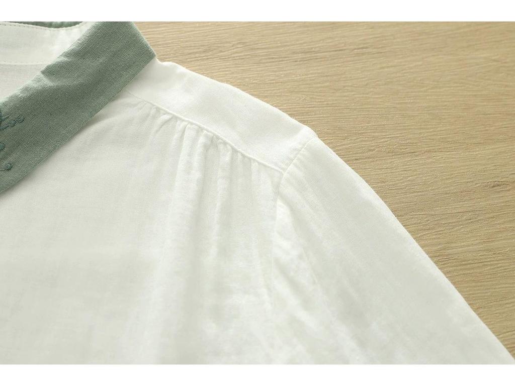 Women's Double-Layer Cotton Long-Sleeve Shirt, Autumn 2025 Retro Embroidered Collar, Soft and Breathable Pure Cotton.