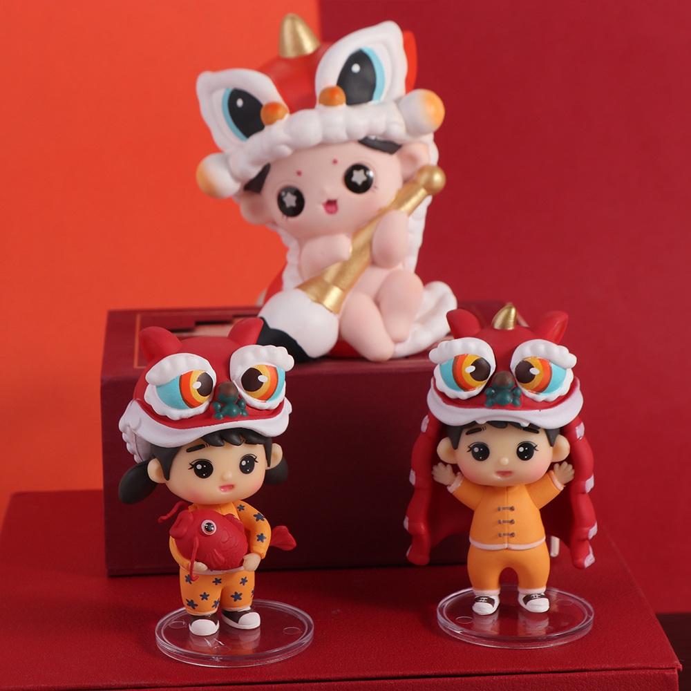 Chlapec a dívka Lion Dance Boy Socha Čínský styl Lion Dance Ornamenty Jarní festival