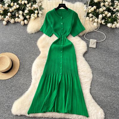 Summer Women Designer Runway Dress O-neck Single Breasted Knit Sweater Birthday Party Long Midi Dresses