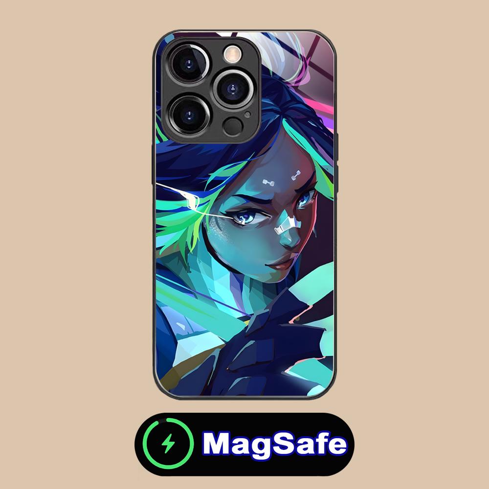 Valorant Neon Mobile Phone Case for iPhone 16 15 14 13 12 11 Pro Max Plus Mini MagSafe Glass Colour Protective Luxury Smartphone