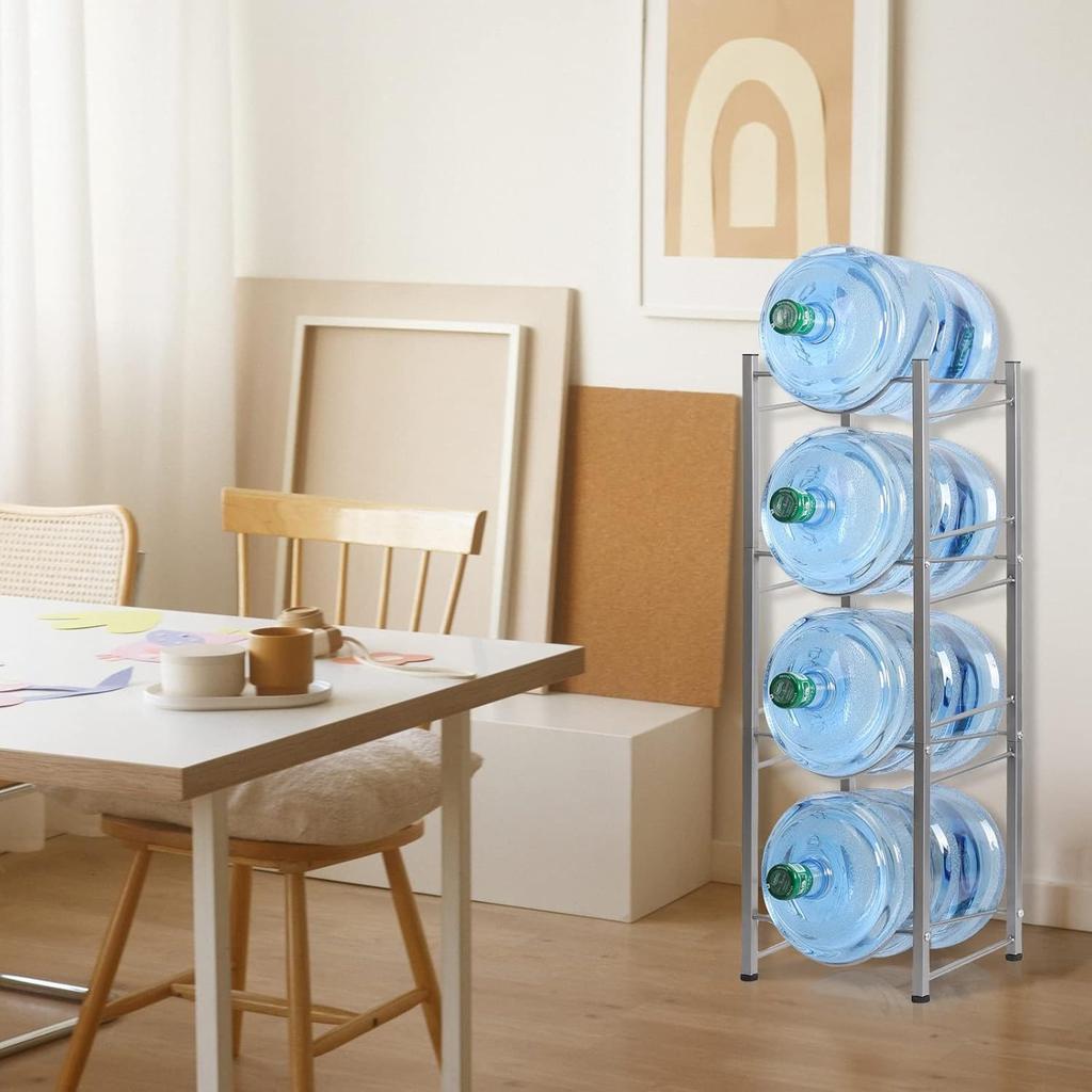 4-Tier Heavy Duty Water Jug Rack | Silver Metal Storage Organizer for Gallons/Bottles | Space-Saving Multi-Use Design