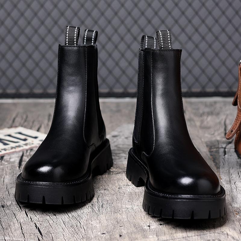Black Martin Boots Men's Autumn and Winter Trend British Style Chelsea Boots High Top Leather Shoes Men's