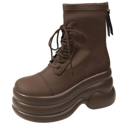 Modne Zimowe Ciepłe Brązowe Skórzane Botki Damskie Jesień Wysoka Platforma Buty Futrzane Kobieta Obcas 8.5CM Grube Motocyklowe Botki Mujer