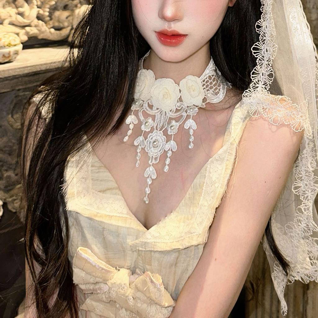 Pure Desire Wind White Lace Flower Tassel Necklace Vintage Court Wind Pearl Neck Strap Sweet Lolita Collarbone Chain
