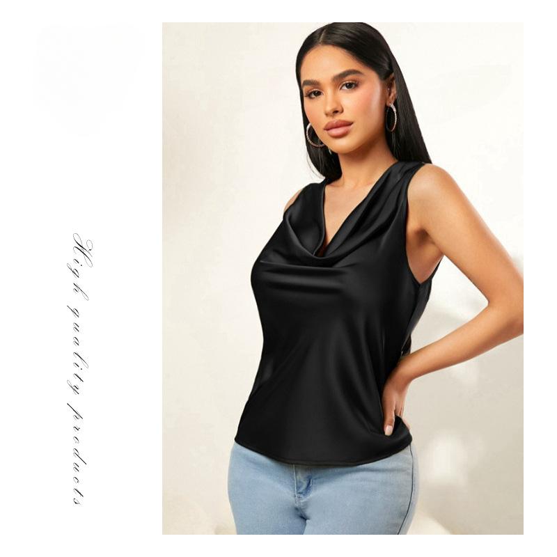 Satin Pile Collar Solid Color Sleeveless Vest Women’s Blouses & Shirts